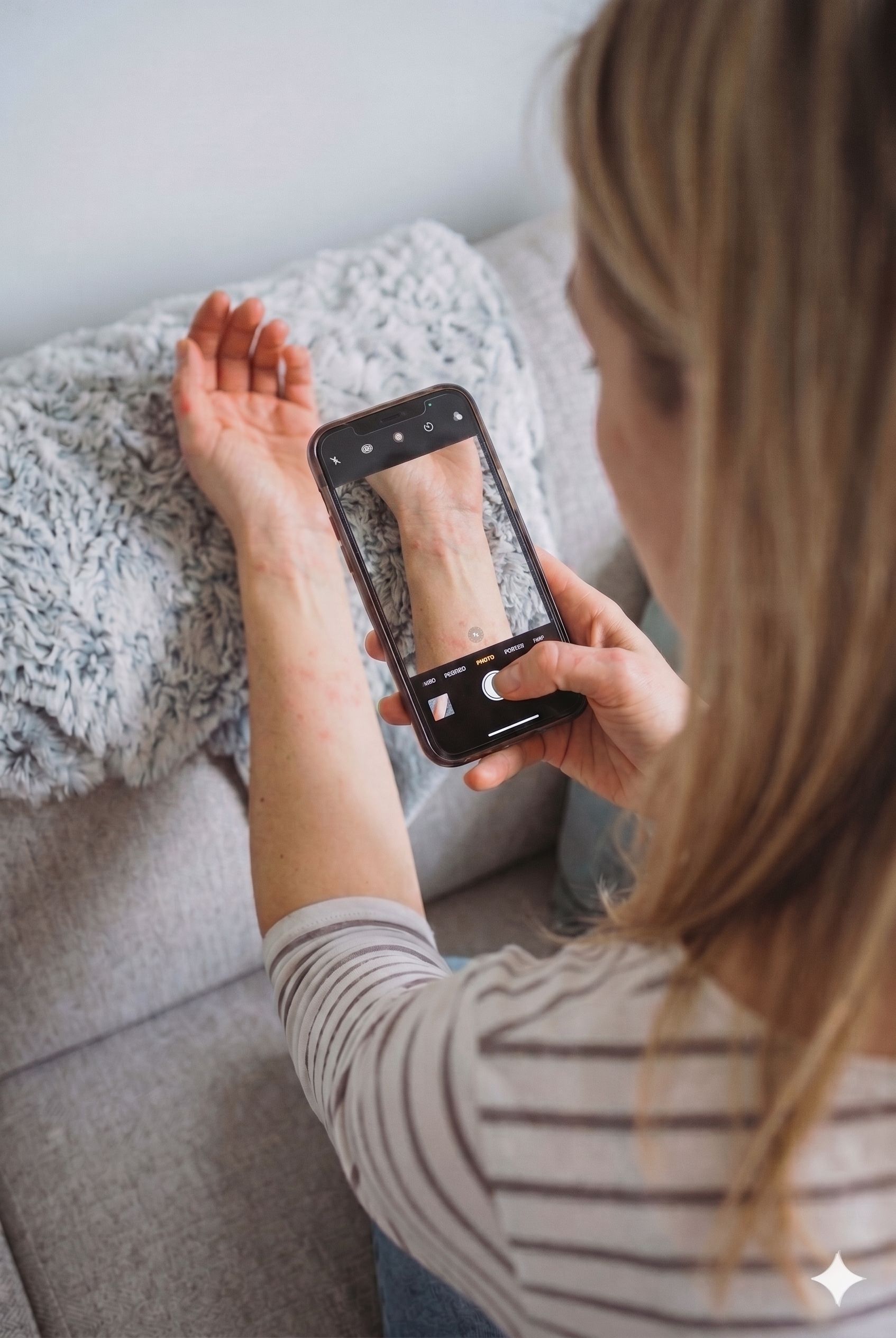 Patient photographing her skin with a phone