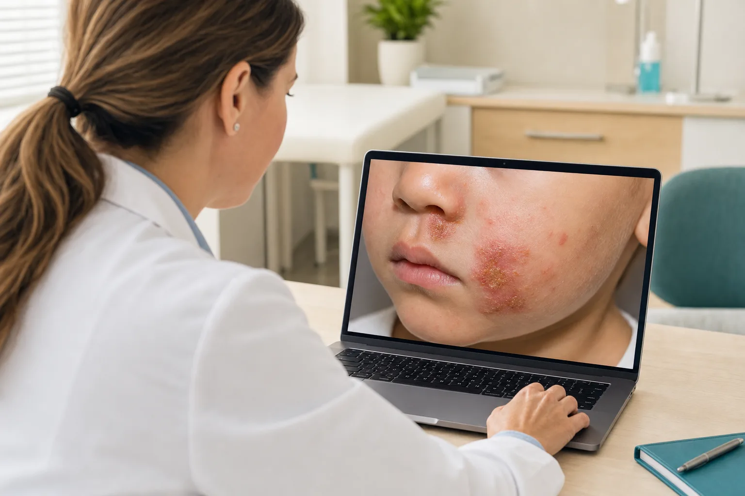 Dermatologist remotely assessing an impetigo case
