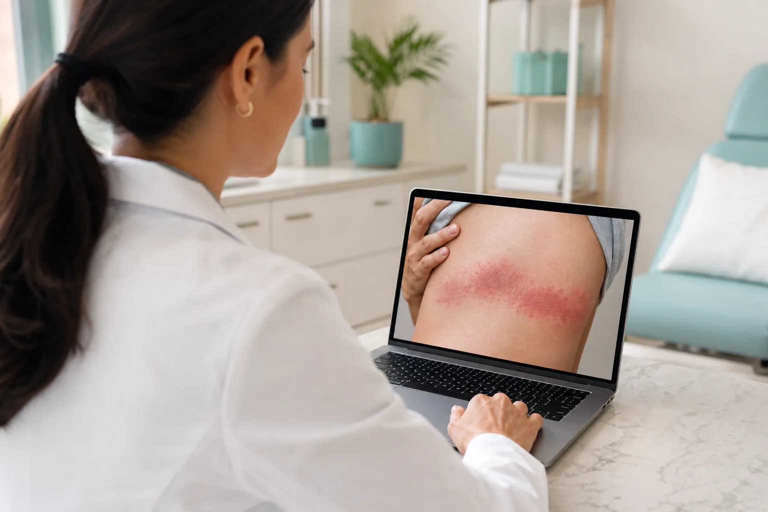 Dermatologista a avaliar à distância um caso de herpes zóster