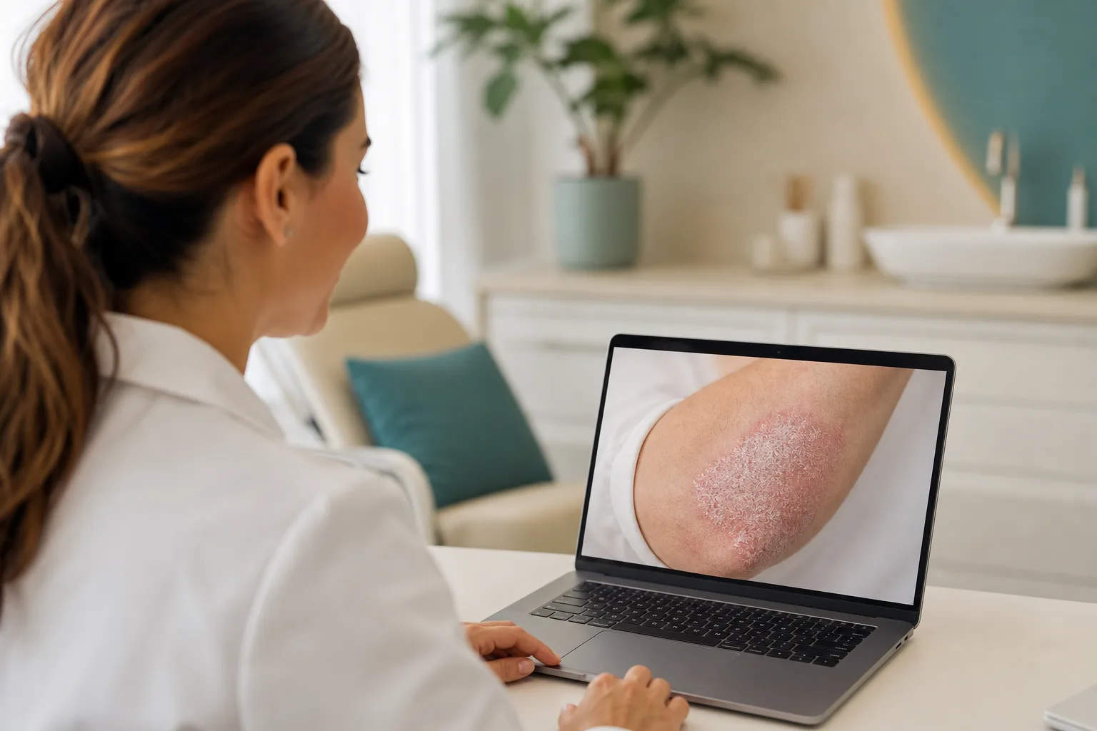 Dermatologist remotely assessing a psoriasis case
